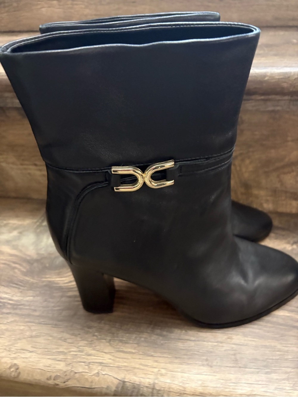 Express Black Leather Mid-Calf Heeled Boots with Gold Accent